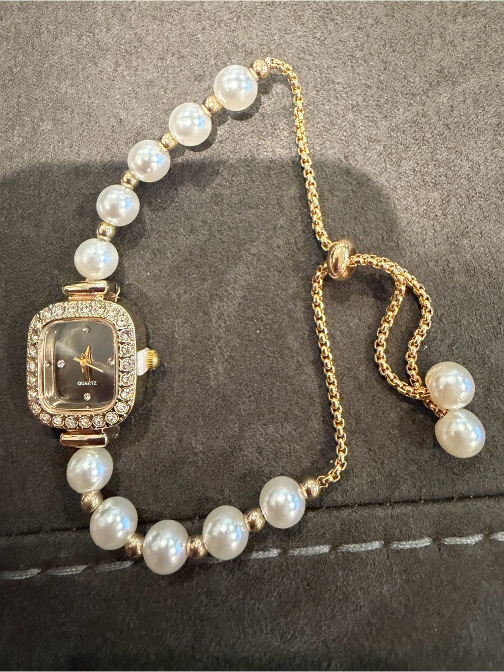 Kohl's Gold-Tone Pearl Bead Crystal Accent Bracelet Watch